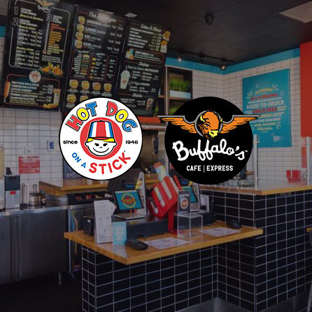 Picture of tri-branded store featuring Fatburger, Hot Dog on a stick, and Buffalo's Cafe